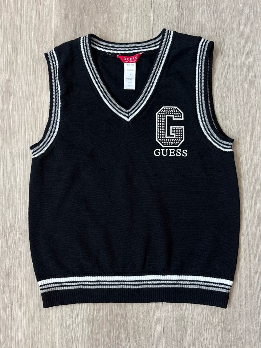 Guess Girls Sweater Vest Size 12 Black Knit Embroidered G Logo Varsity